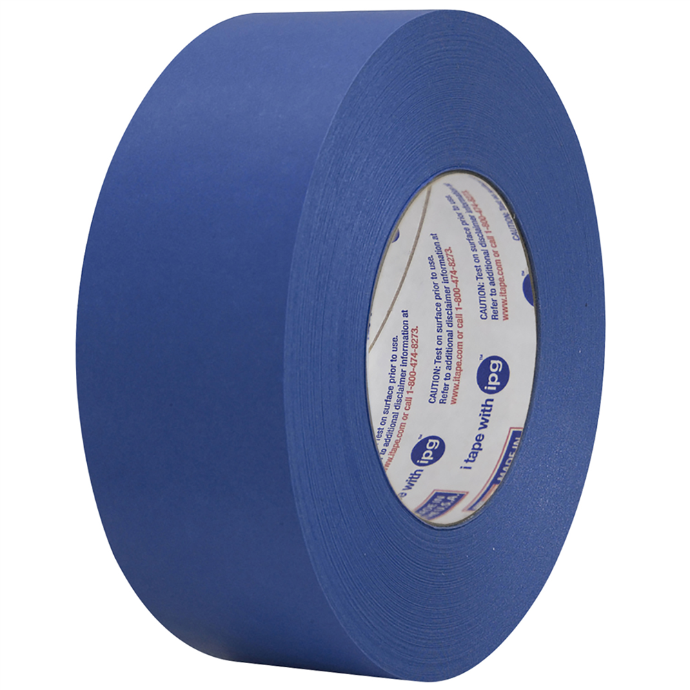 A roll of blue adhesive tape with visible inner labeling, placed upright against a white background. Intertape® 9.1-Mil. Blue Masking Tape (2 in. x 60 yd., 24/Case)